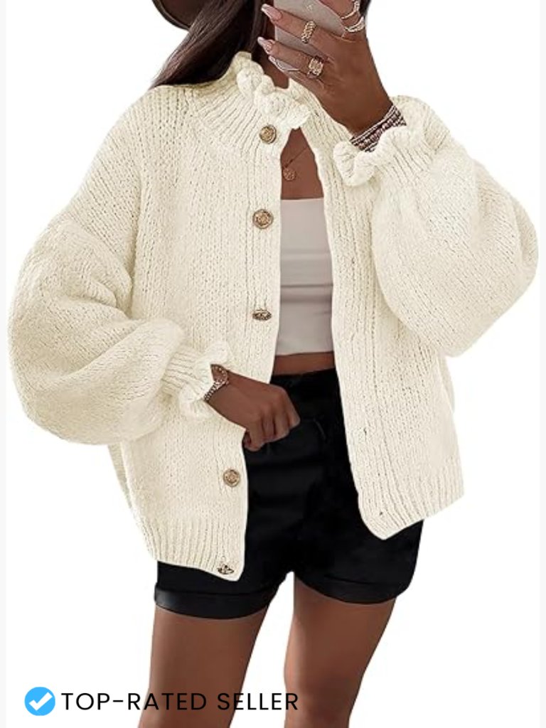 Oversized Ruffle Cardigan Button Up Ribbed Knit Open Front Long Sleeve Sweater